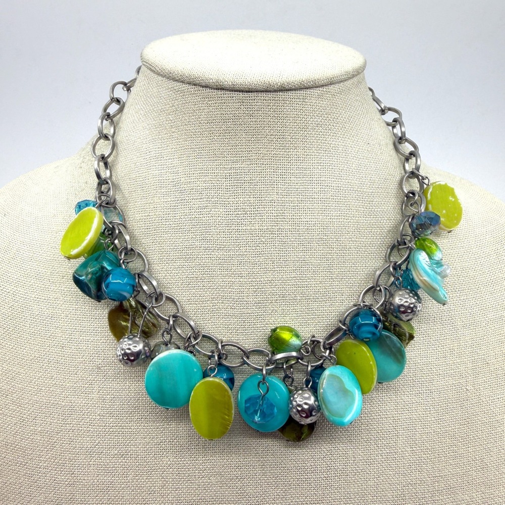 Chunky Blue Green Charm Chain Necklace Statement Beaded Bib Boho Coastal Gift
